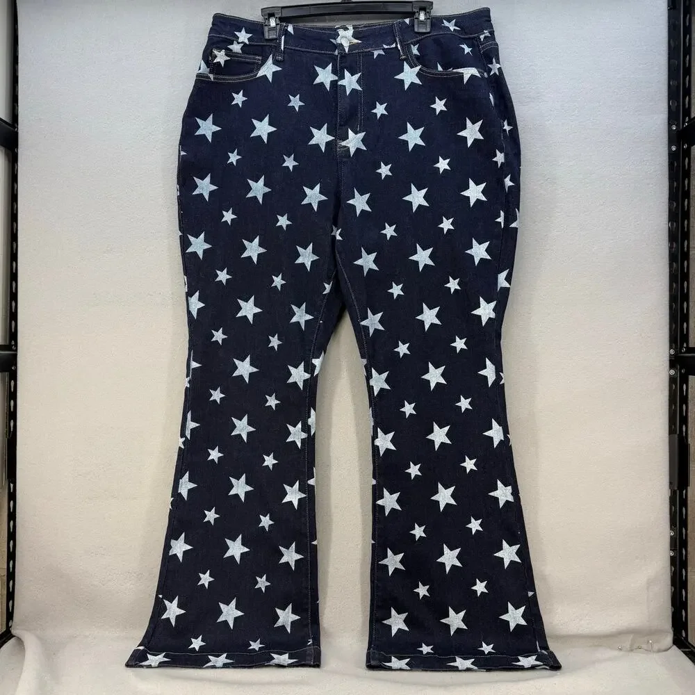 Judy Blue Jeans Women's 20W Dark Blue Star Print Flare Leg Tall Jeans Patriotic - Picture 1 of 15